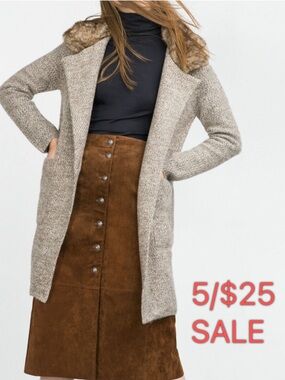 Zara Knit Coat Faux Fur Collar Boho Size  Small  Longline Coat Tan 5/$25 Sale